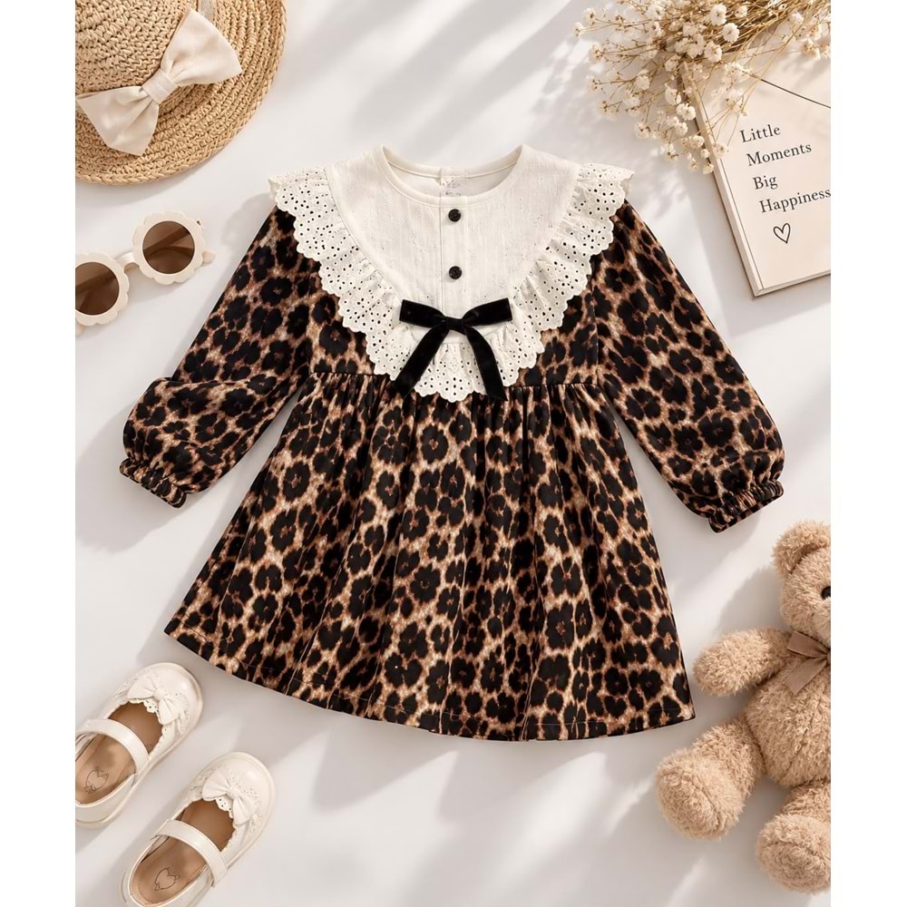 Kahverengi Leopar Desen Bebe Yaka Elbise - KAHVERENGİ - 3-4 YAŞ - ST00296-KAHVERENGİ-3-4 YAŞ