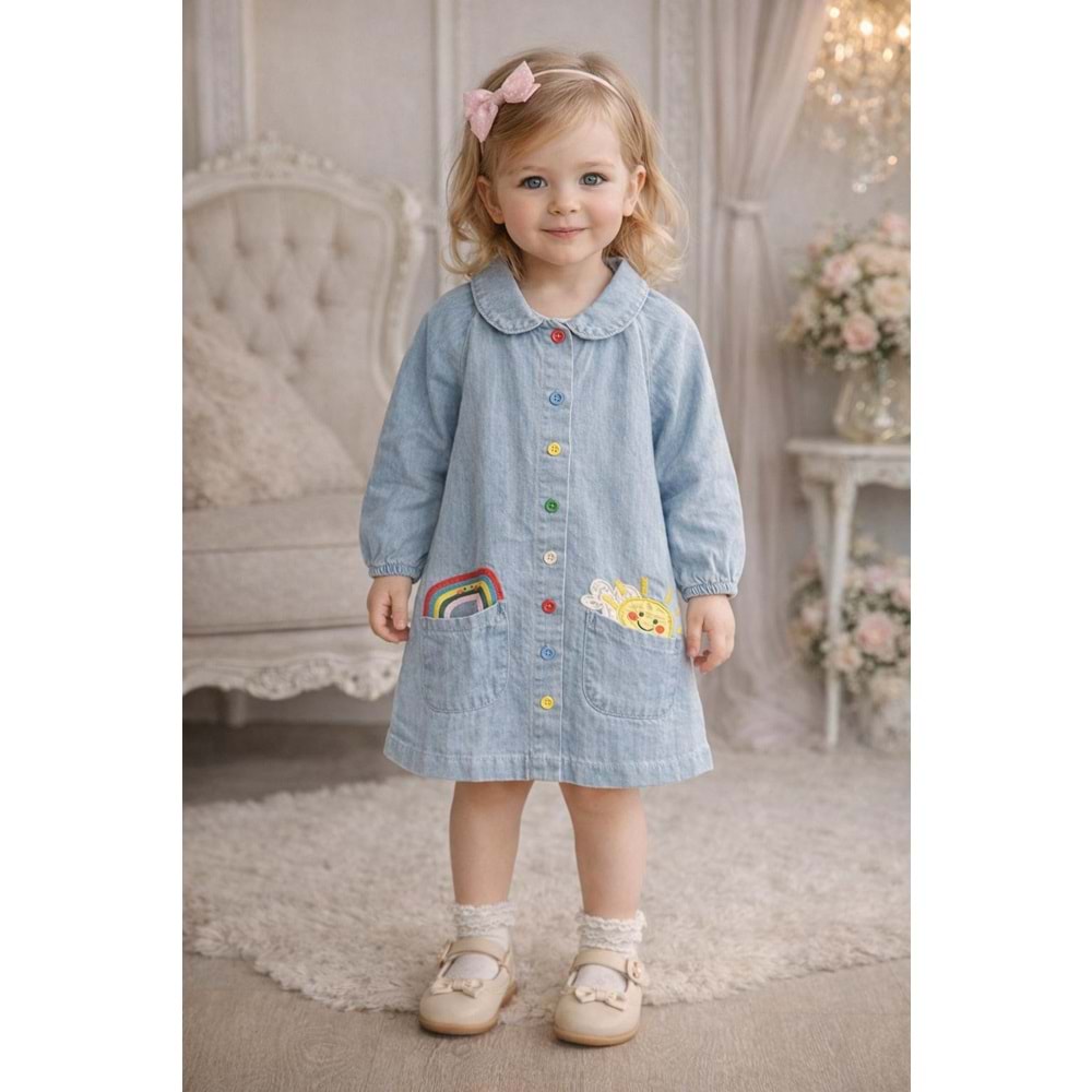 Kot Elbise Bebe Yaka Güneş Desen - KOT MAVİ - 2-3 YAŞ - ST00308-KOT MAVİ-2-3 YAŞ