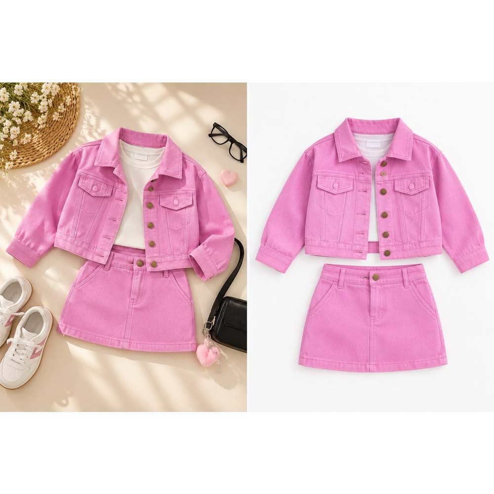 Pembe Renk Fitilli Kadife Ceket Etek Alt Üst Takım - PEMBE - 3-4 YAŞ - ST00326-PEMBE-3-4 YAŞ