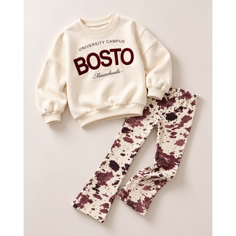 Kız Çocuk Boston Slogan Baskılı Bordo - Krem Renk Taytlı Alt Üst Takım