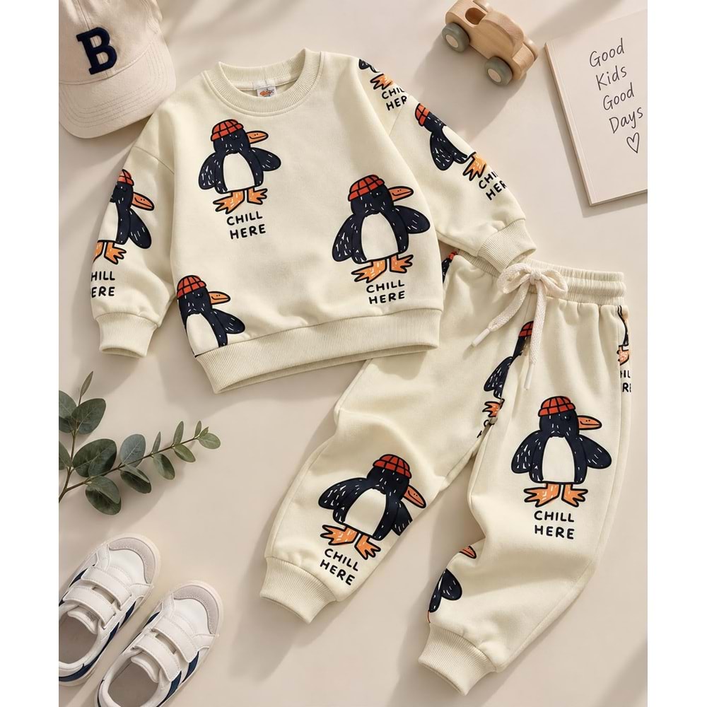 Krem Renk Penguen Baskılı Takım - KREM - 2-3 YAŞ - ST00340-KREM-2-3 YAŞ