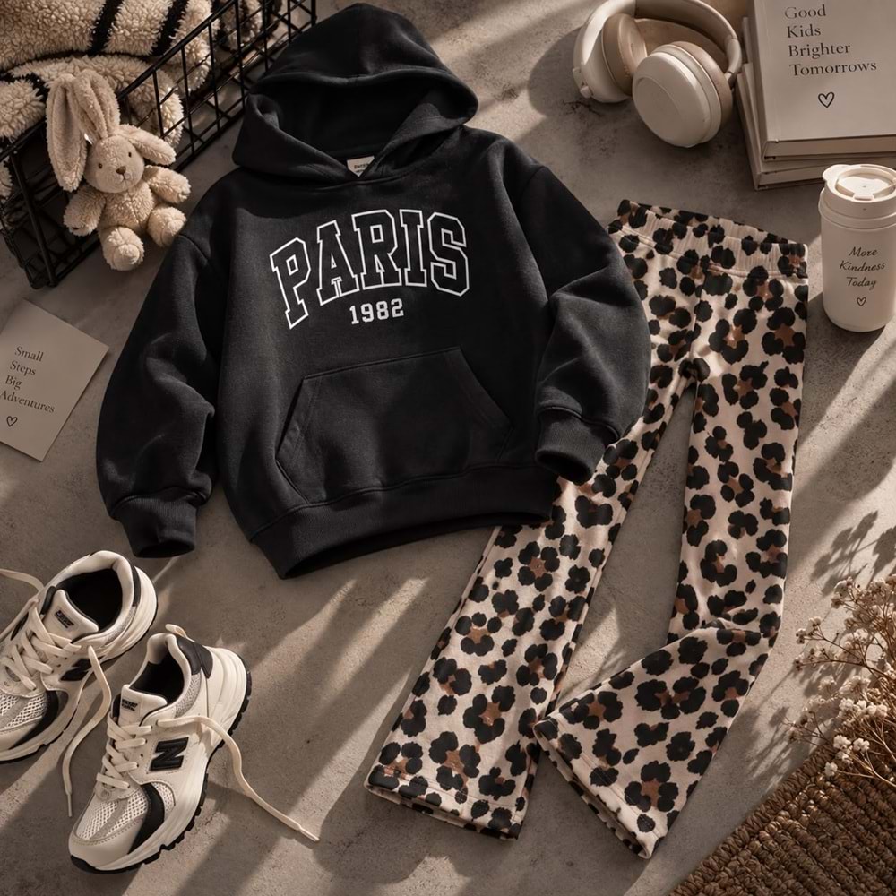 Paris ! Siyah Sweat Leopar Alt Üst Takım - DESENLİ - 2-3 YAŞ - ST00360-DESENLİ-2-3 YAŞ