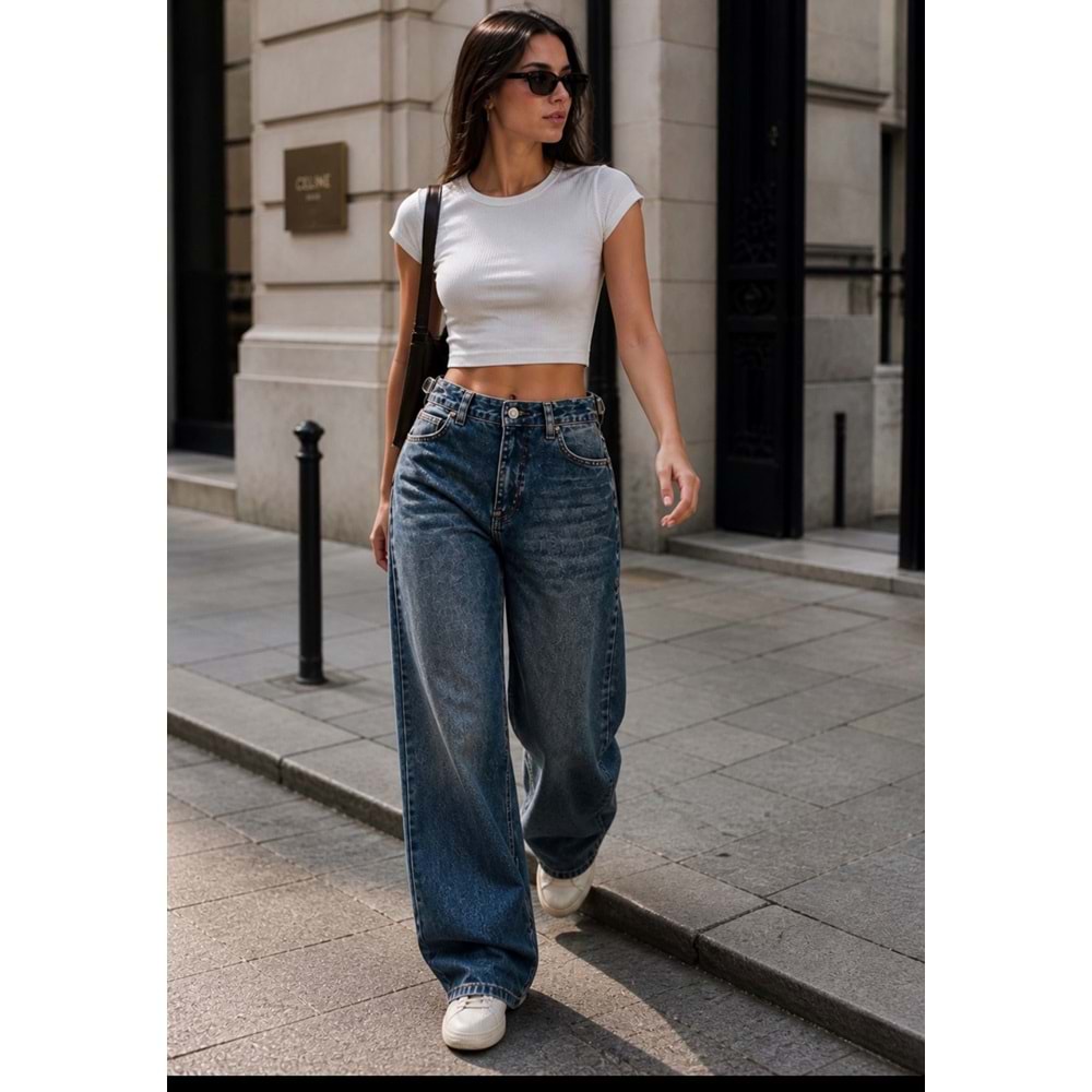 Bel Detaylı Wide Leg Yıkamalı Lacivert Renk Kot Pantolon - LACİVERT - 34 - ST00370-LACİVERT-34