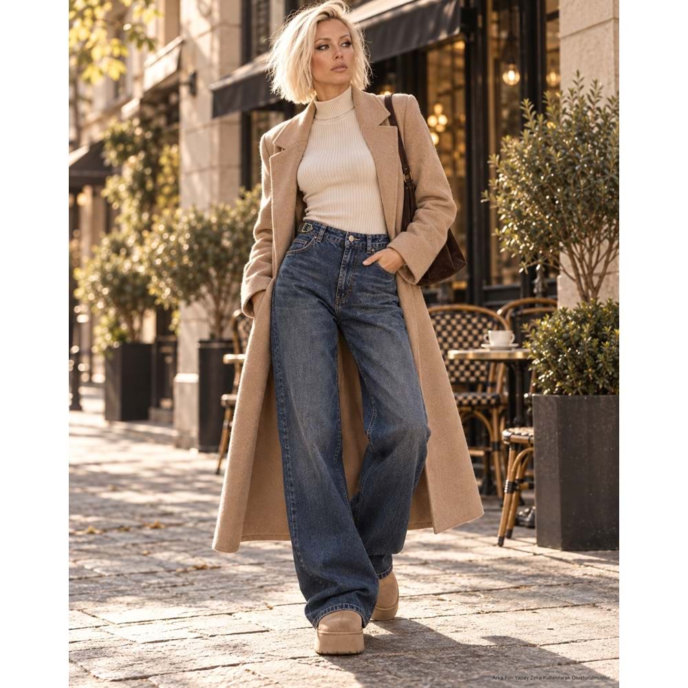 Bel Detaylı Wide Leg Yıkamalı Lacivert Renk Kot Pantolon - LACİVERT - 34 - ST00370-LACİVERT-34