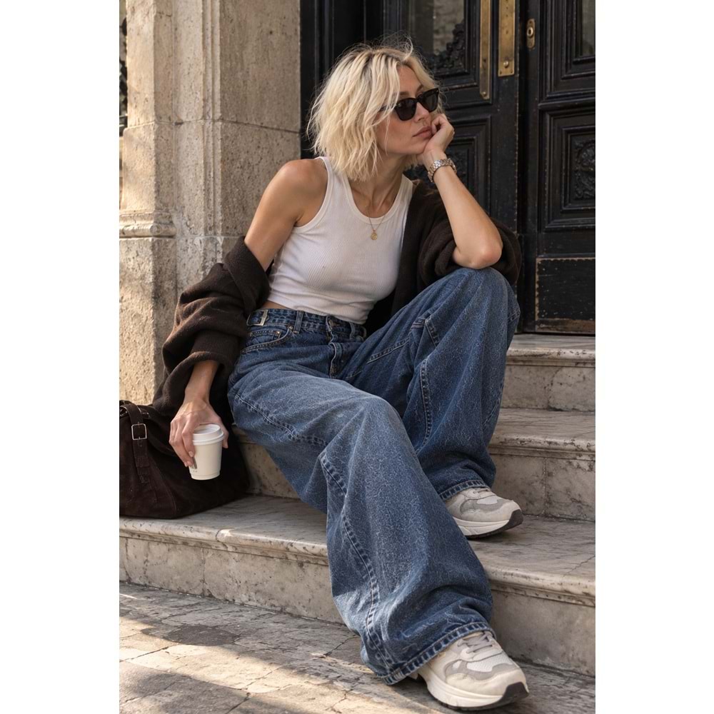 Bel Detaylı Wide Leg Yıkamalı Lacivert Renk Kot Pantolon - LACİVERT - 34 - ST00370-LACİVERT-34