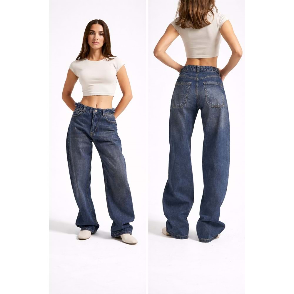 Bel Detaylı Wide Leg Yıkamalı Lacivert Renk Kot Pantolon - LACİVERT - 40 - ST00370-LACİVERT-40