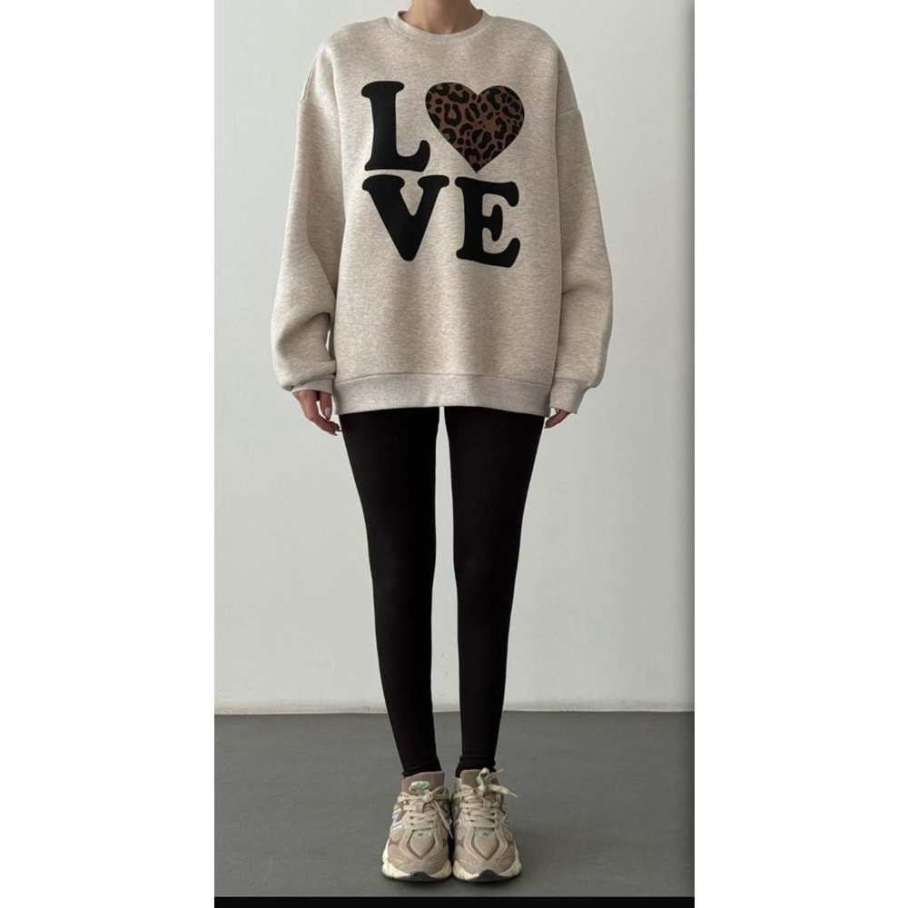 Bej Renk Love / Leopar Baskılı Sweatshirt - BEJ - L - ST00388-BEJ-L