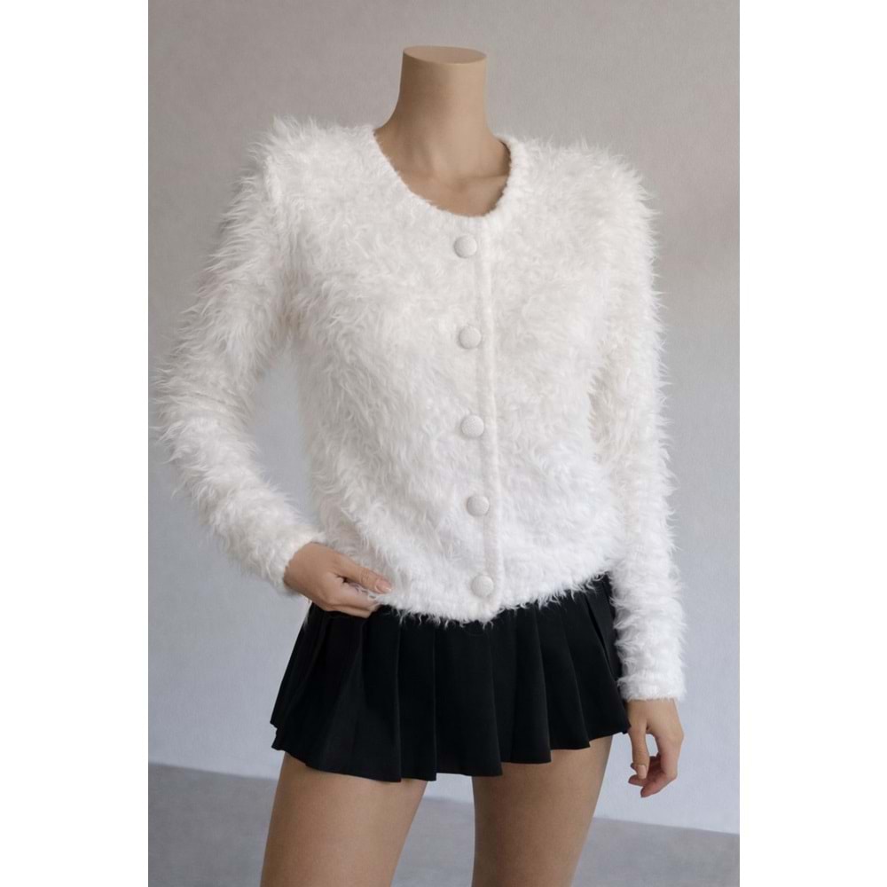 Tüylü Kaplama Düğmeli Yumoş Hırka - KREM - STANDART - ST00446-KREM-STANDART