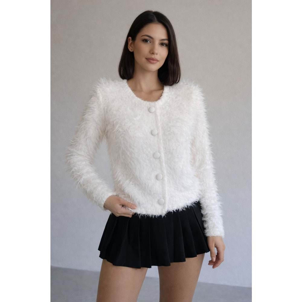 Tüylü Kaplama Düğmeli Yumoş Hırka - KREM - STANDART - ST00446-KREM-STANDART