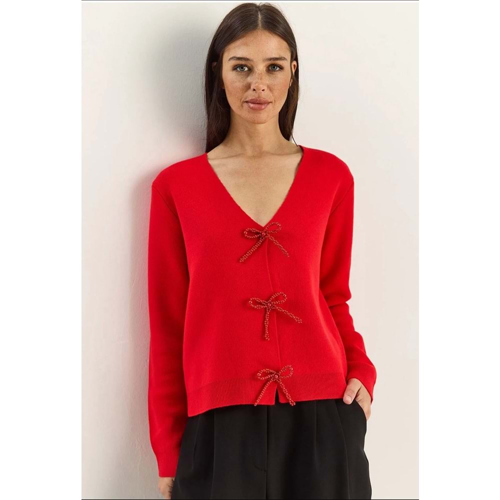 Boncuk Fiyonk Detaylı Çıtçıt Düğmeli Tasarım Hırka - KIRMIZI - STANDART - ST00451-KIRMIZI-STANDART