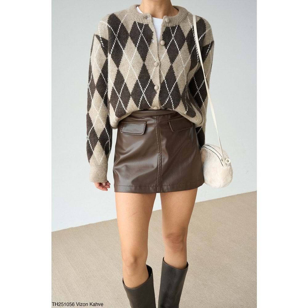 Baklava Desen Vizon Kahve Düğmeli Hırka - SÜTLÜ KAHVE - STANDART - ST00452-SÜTLÜ KAHVE-STANDART