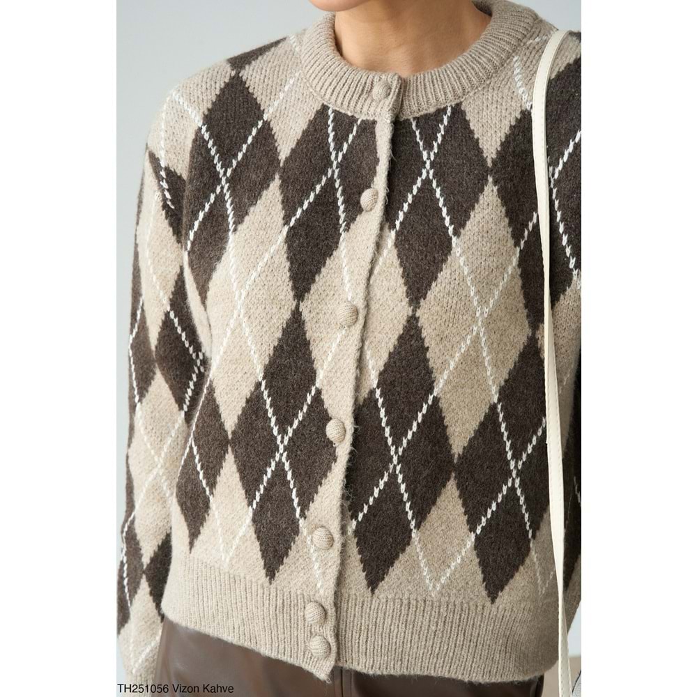 Baklava Desen Vizon Kahve Düğmeli Hırka