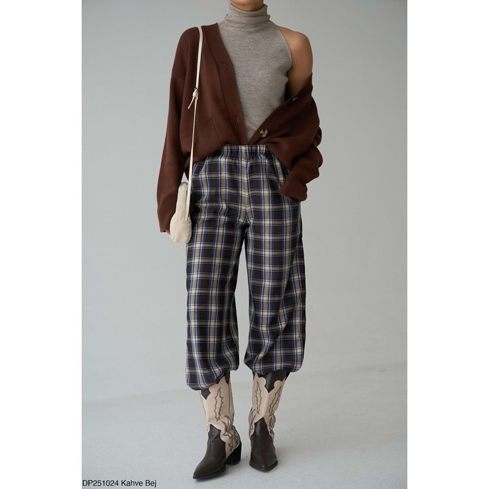 Ekoseli Pamuk - Viskon Salaş Pantolon - LACİVERT - L - ST00455-LACİVERT-L