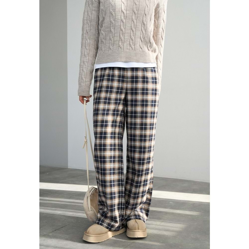 Ekoseli Pamuk - Viskon Salaş Pantolon - LACİVERT - L - ST00455-LACİVERT-L