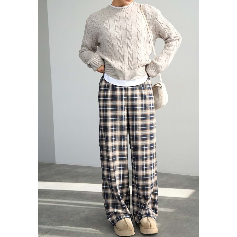 Ekoseli Pamuk - Viskon Salaş Pantolon - LACİVERT - L - ST00455-LACİVERT-L