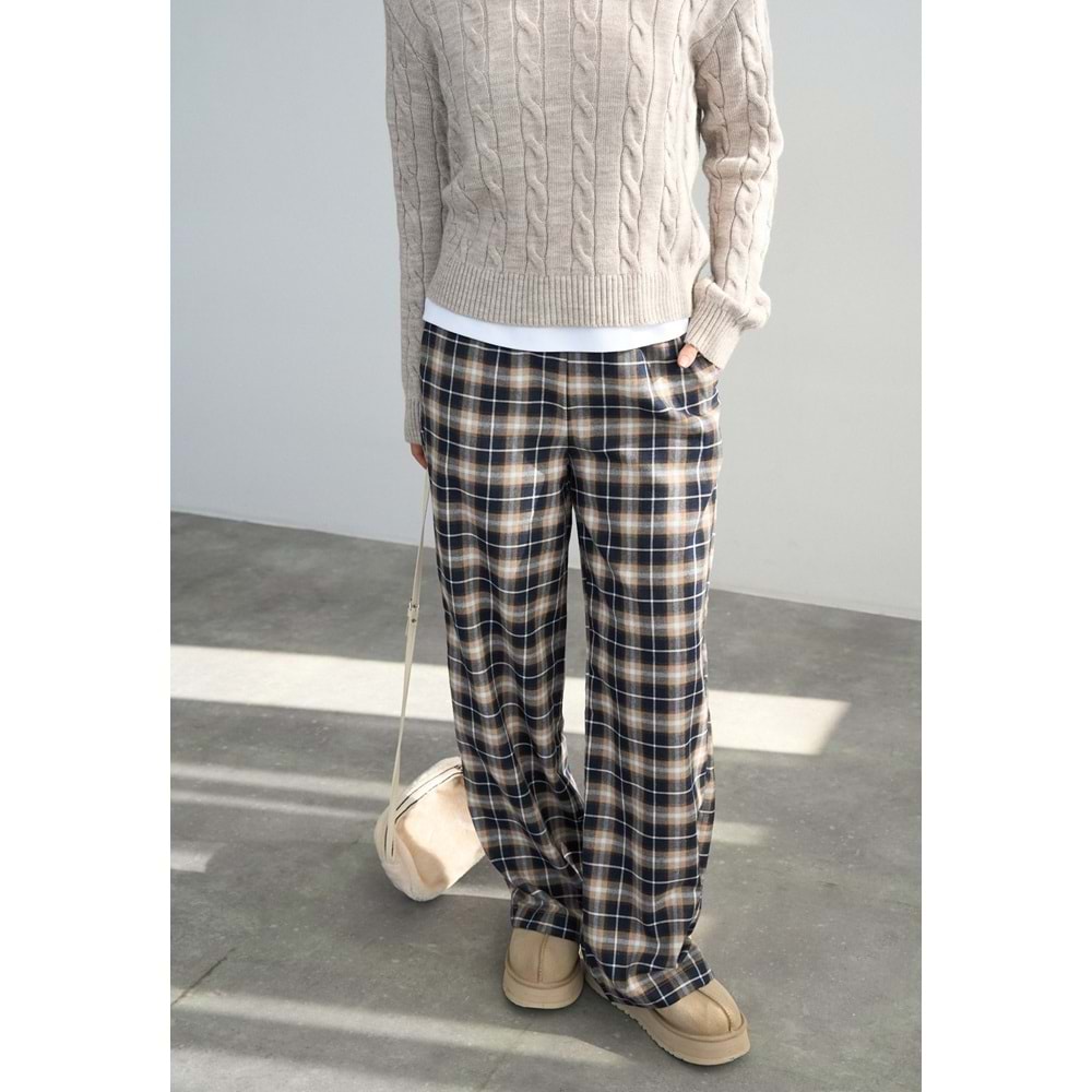 Ekoseli Pamuk - Viskon Salaş Pantolon - LACİVERT - L - ST00455-LACİVERT-L