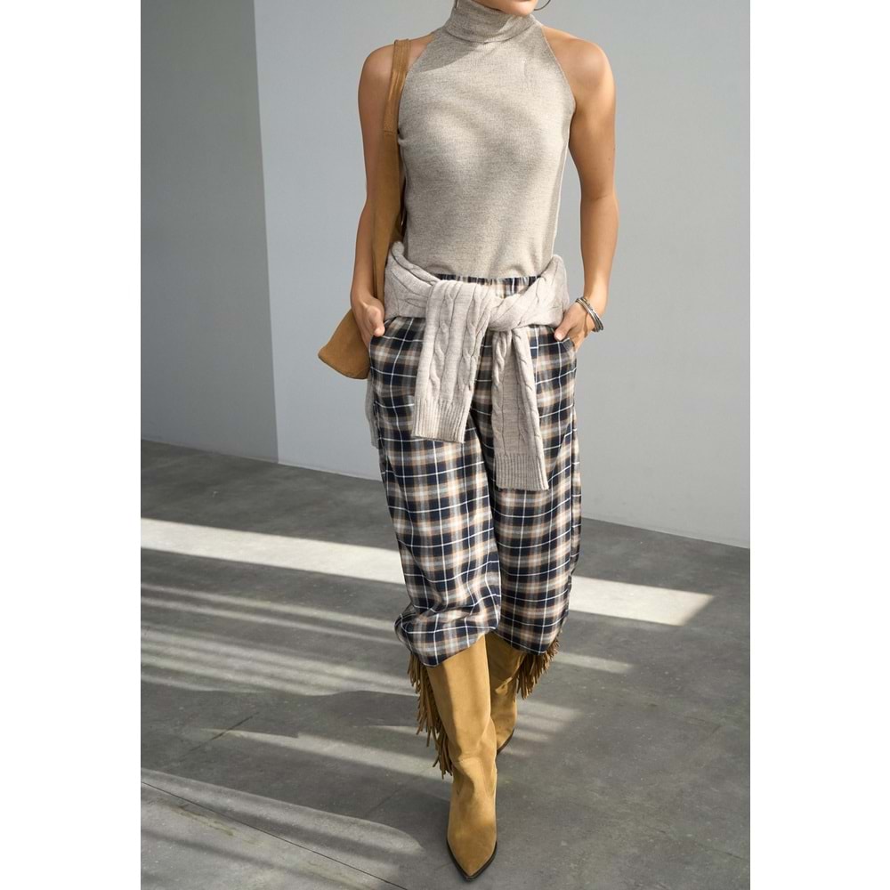 Ekoseli Pamuk - Viskon Salaş Pantolon - LACİVERT - L - ST00455-LACİVERT-L