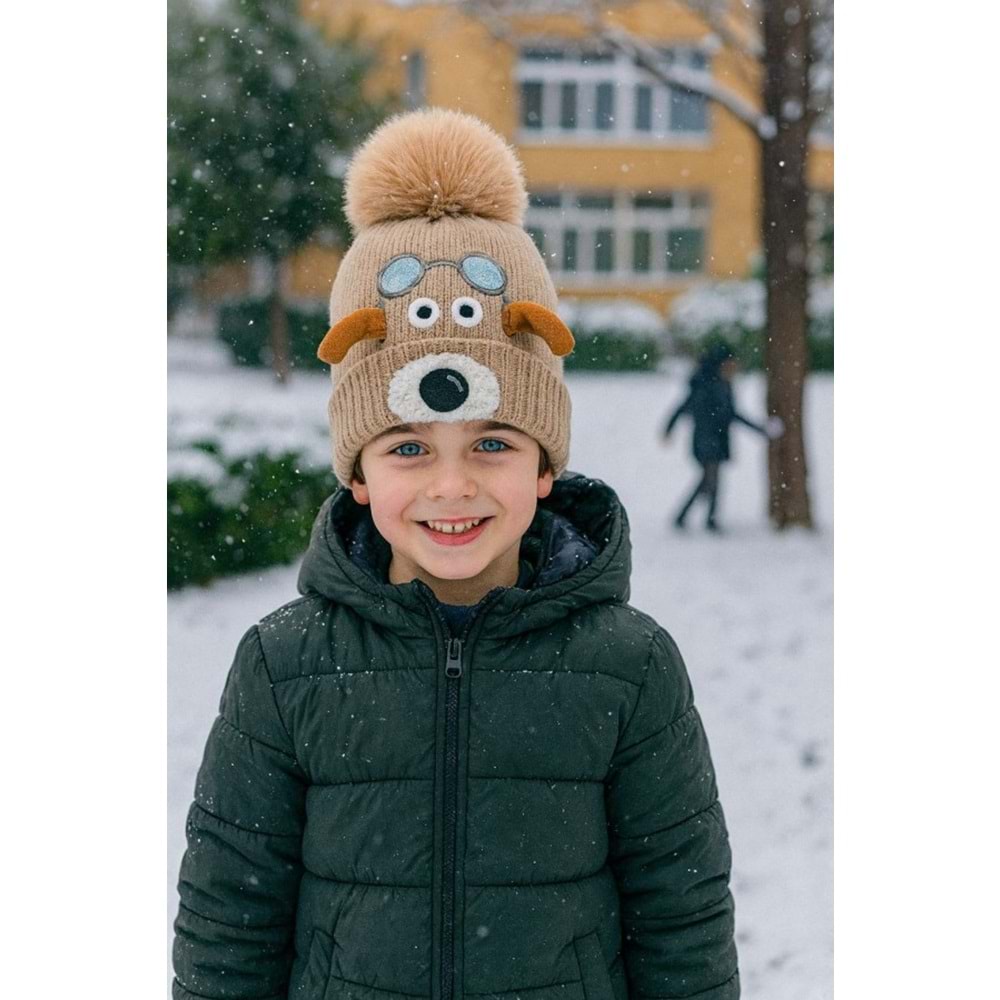 Ponponlu İçi Polarlı Hayvan Desen Nakışlı Vizon Çocuk Beresi 3-7 Yaş