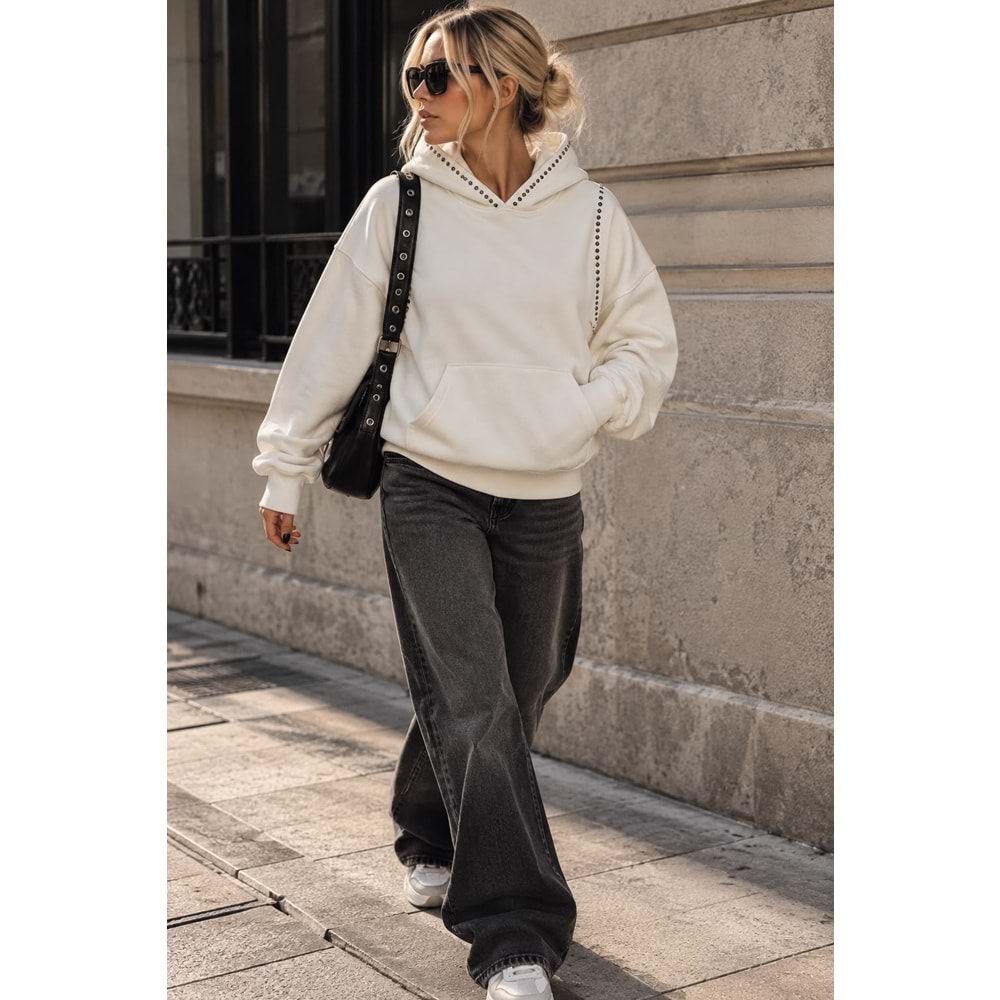Zımba Detay Siyah Renk Şardonlu Sweat - Kapüşonlu - BEYAZ - L - ST00483-BEYAZ-L