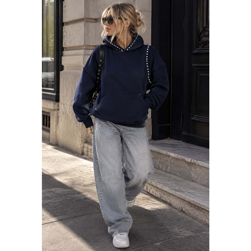 Zımba Detay Siyah Renk Şardonlu Sweat - Kapüşonlu - LACİVERT - S - ST00483-LACİVERT-S