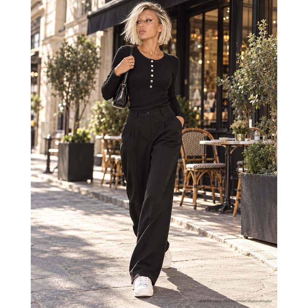Fitil Pamuklu Yaka Çıtçıt Kapamalı Basic Bluz - SİYAH - L - ST00486-SİYAH-L