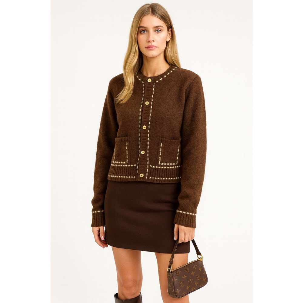 Dikiş Cep Detaylı Düğmeli Tasarım Trend Hırka