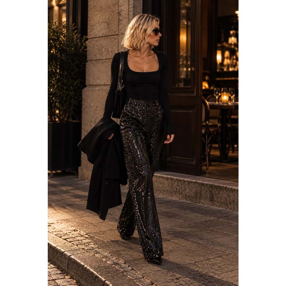 Payetli Siayh Renk Bel Lastikli İspanyol Paça Pantolon - SİYAH - M - ST00494-SİYAH-M