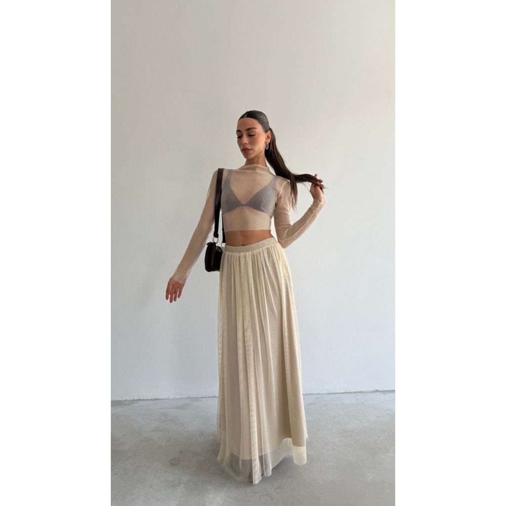 Dore Açık Renk File Kumaş Maxi Boy Uzun Etek