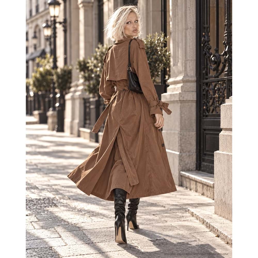 Rüzgarlıklı Trenç Maxi Boy Kuşaklı Kahverengi - KAHVERENGİ - L - ST00502-KAHVERENGİ-L