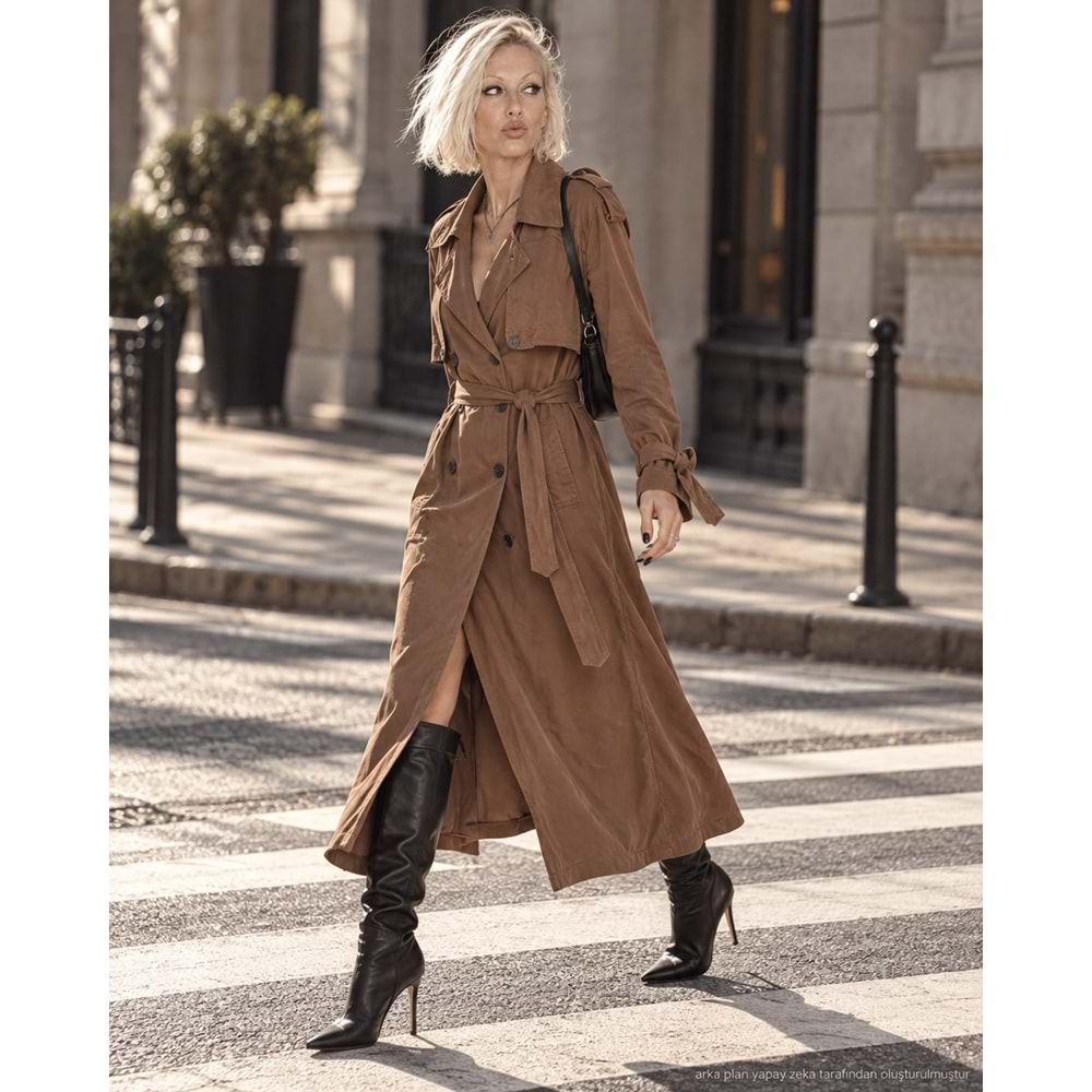 Rüzgarlıklı Trenç Maxi Boy Kuşaklı Kahverengi - KAHVERENGİ - L - ST00502-KAHVERENGİ-L