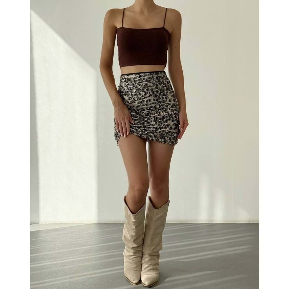 Payetli Mini Leopar Desen Kahve Tonlu Etek - KAHVERENGİ - M - ST00503-KAHVERENGİ-M