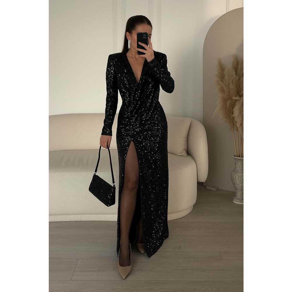 Vatkalı Derin Yırtmaçlı V Yaka Payeli Maxi Boy Elbise - SİYAH - S - ST00504-SİYAH-S