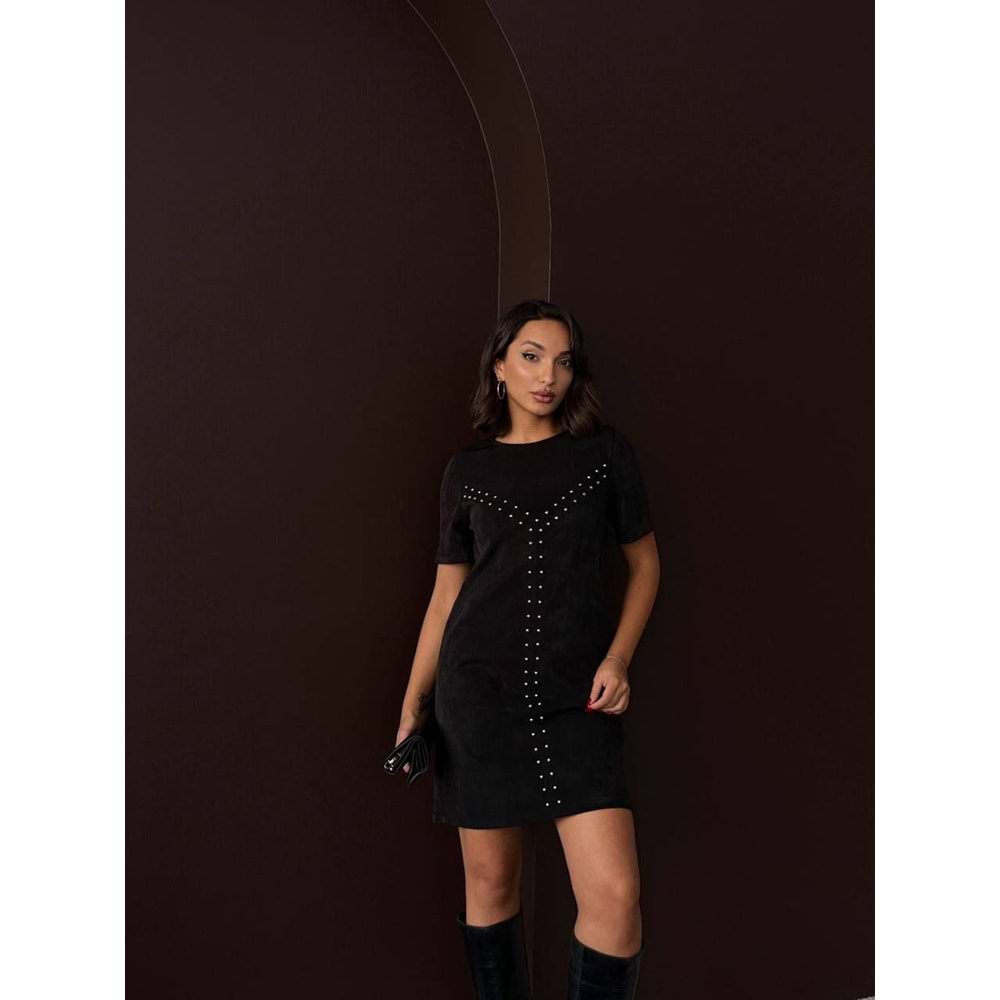 Süet Zımba Detaylı Mini Elbise - SİYAH - M - ST00508-SİYAH-M
