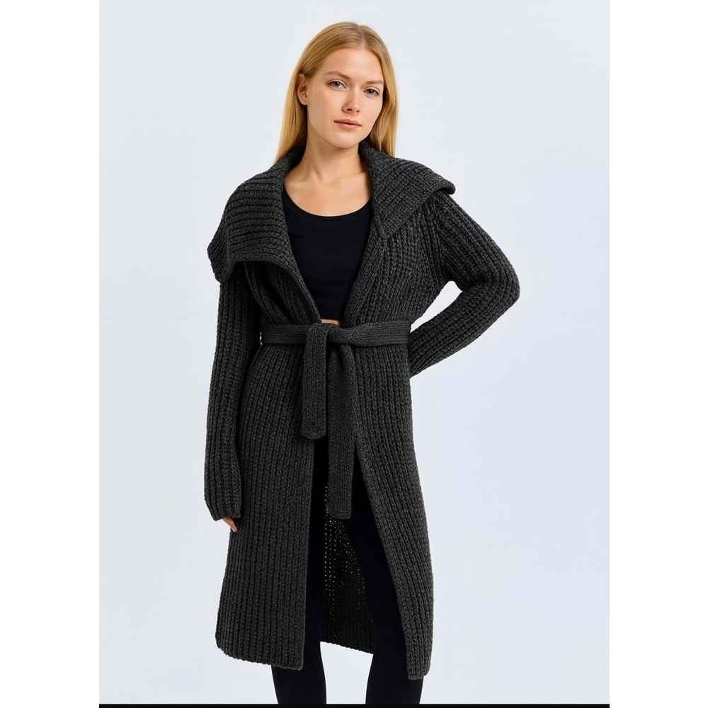 Kırçıllı Gri Siyah Bel Bağlamalı Hırka