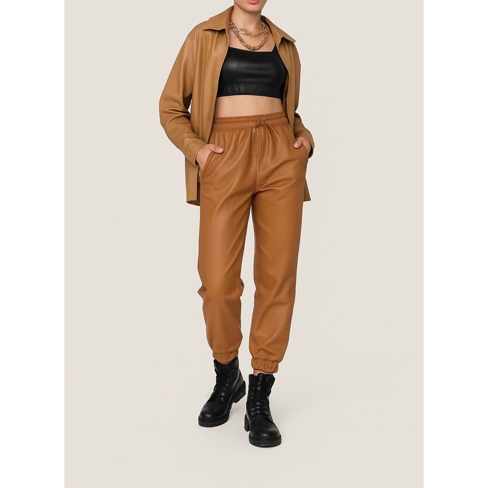 Taba Renk Paça - Bel Lastikli Deri Pantolon - TABA - L - ST00524-TABA-L