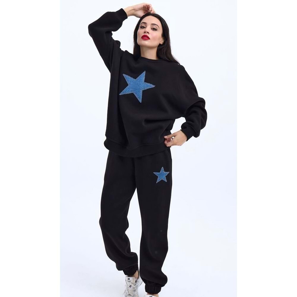 Siyah Renk Yıldız Detay 3İplik Şardonlu Eşofman Takımı Oversize - SİYAH - M-L - ST00527-SİYAH-M-L