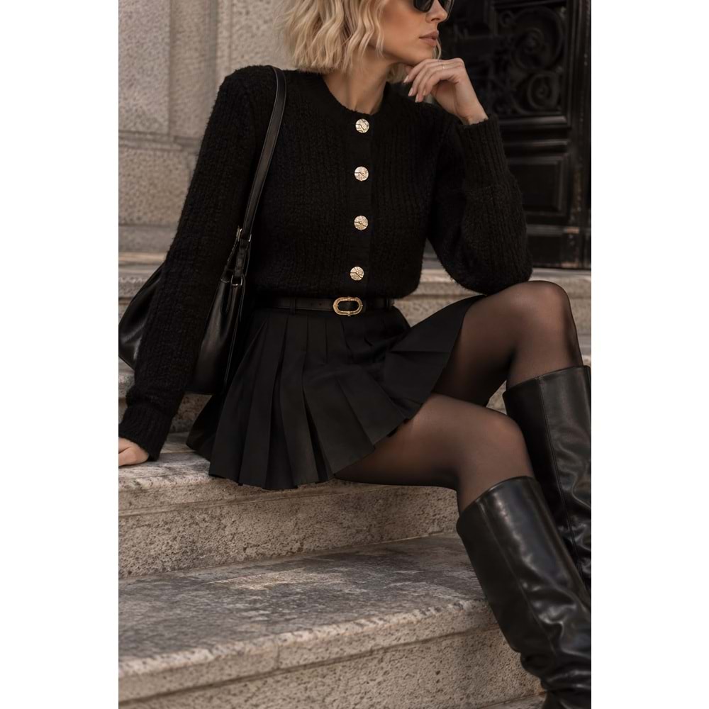 Pliseli Siyah Mini Etek - SİYAH - L - ST00536-SİYAH-L