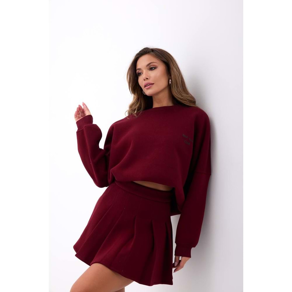 Bordo Renk Şardonlu Sweatshirt Etek Alt üst Takım