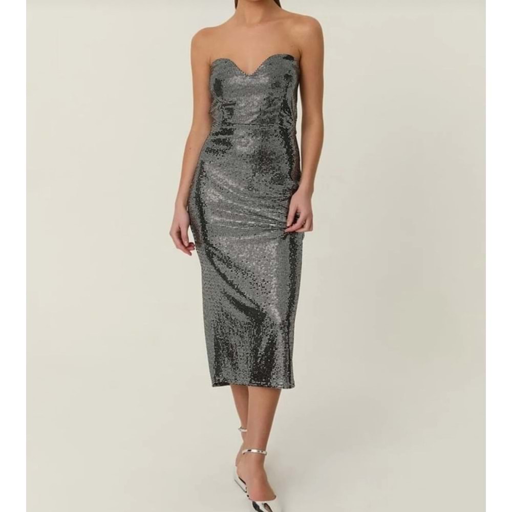 Disco Gümüş Straplez Midi Boy Elbise Party! - GÜMÜŞ - S - ST00553-GÜMÜŞ-S