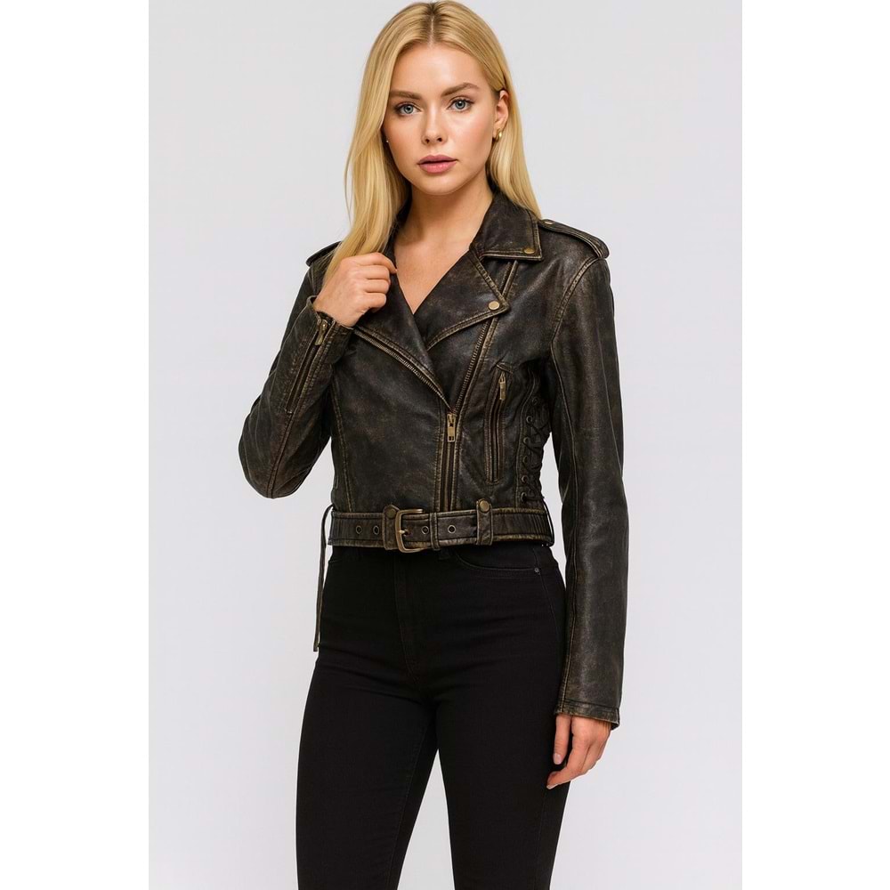 Bronz Eskitme Detaylı Tasarım Deri Ceket - KAHVERENGİ - L - ST00555-KAHVERENGİ-L