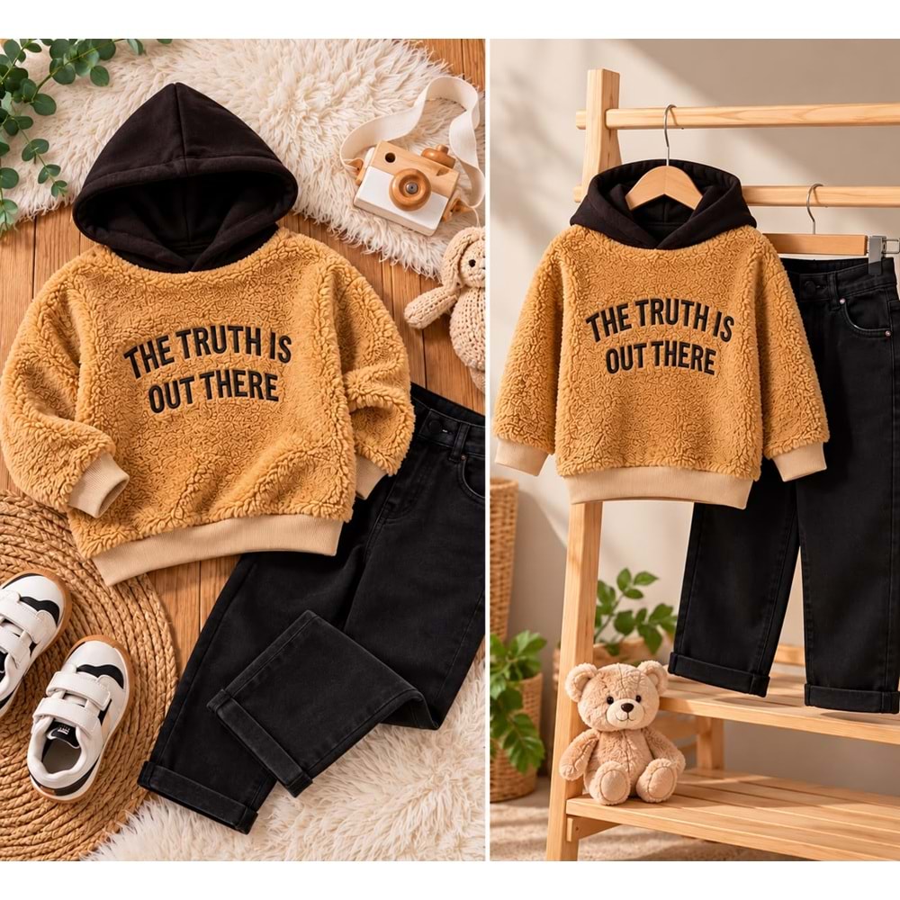 Unisex Kız Erkek Çocuk Peluş Hoodie / Sweatshirt Slogan Yazı İşlemeli Kapüşonlu