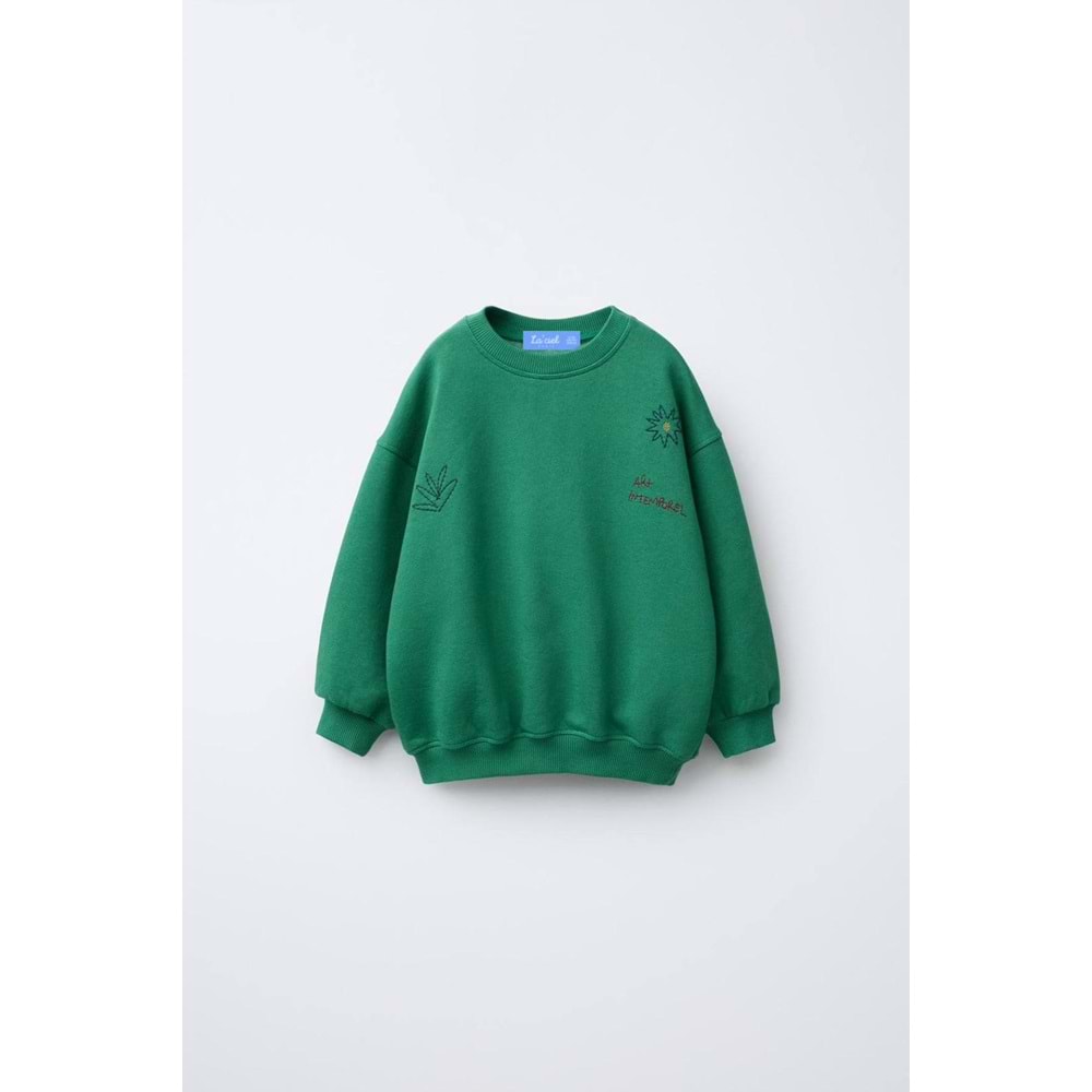 Yeşil Renk Nakışlı Bisiklet Yaka Sweatshirt