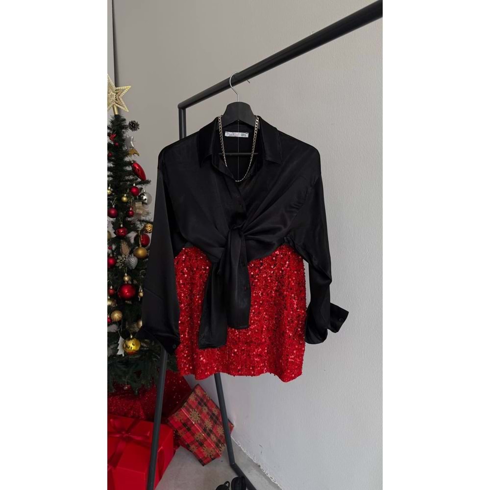 Kırmızı Renk Pul Payet Mini Etek - KIRMIZI - L - ST00579-KIRMIZI-L