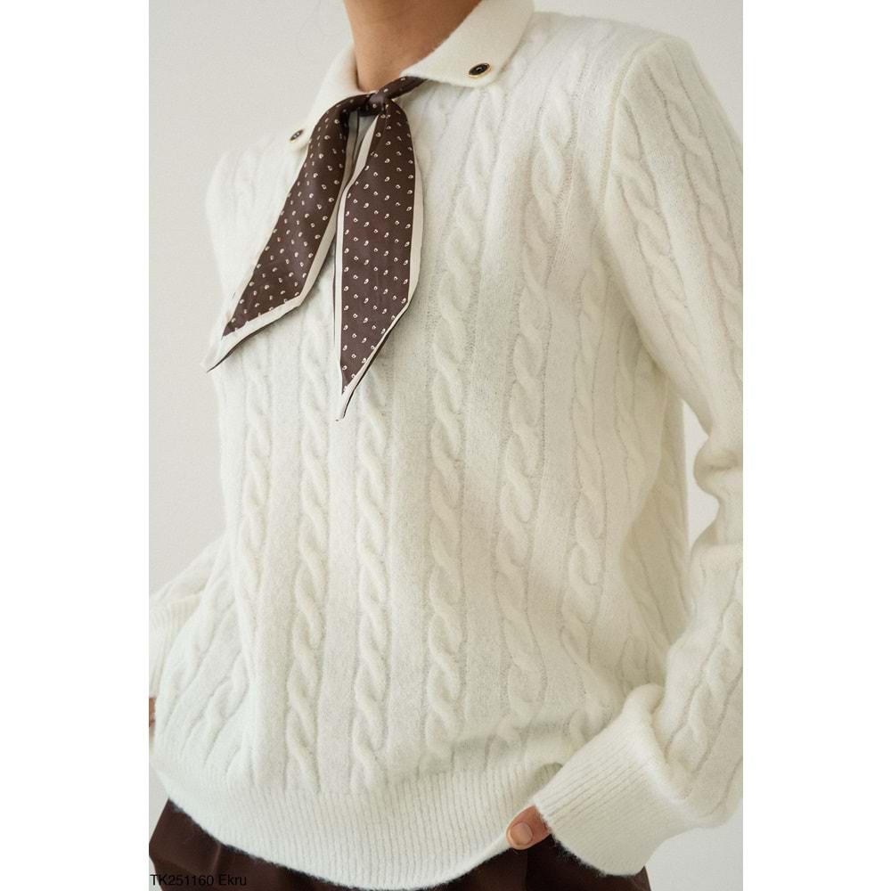 Kendinden Fularlı Tasarım Kazak Ekru Renk