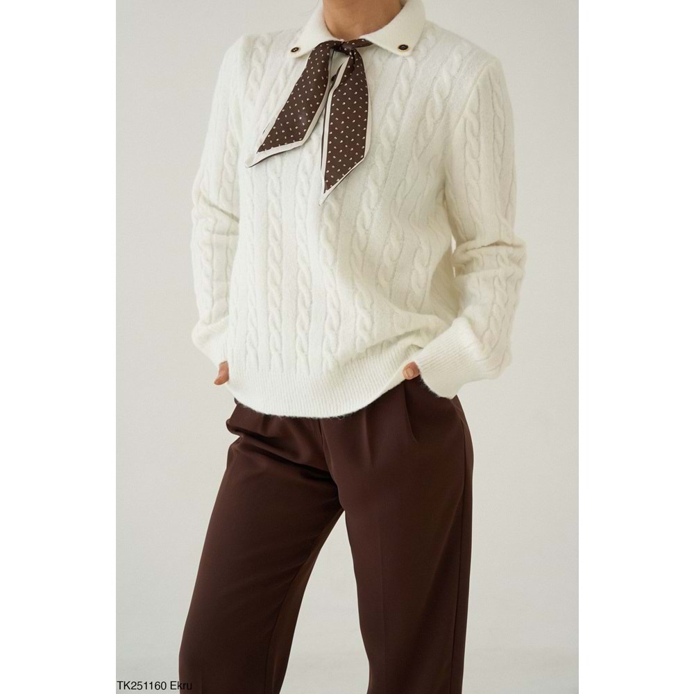 Kendinden Fularlı Tasarım Kazak Ekru Renk