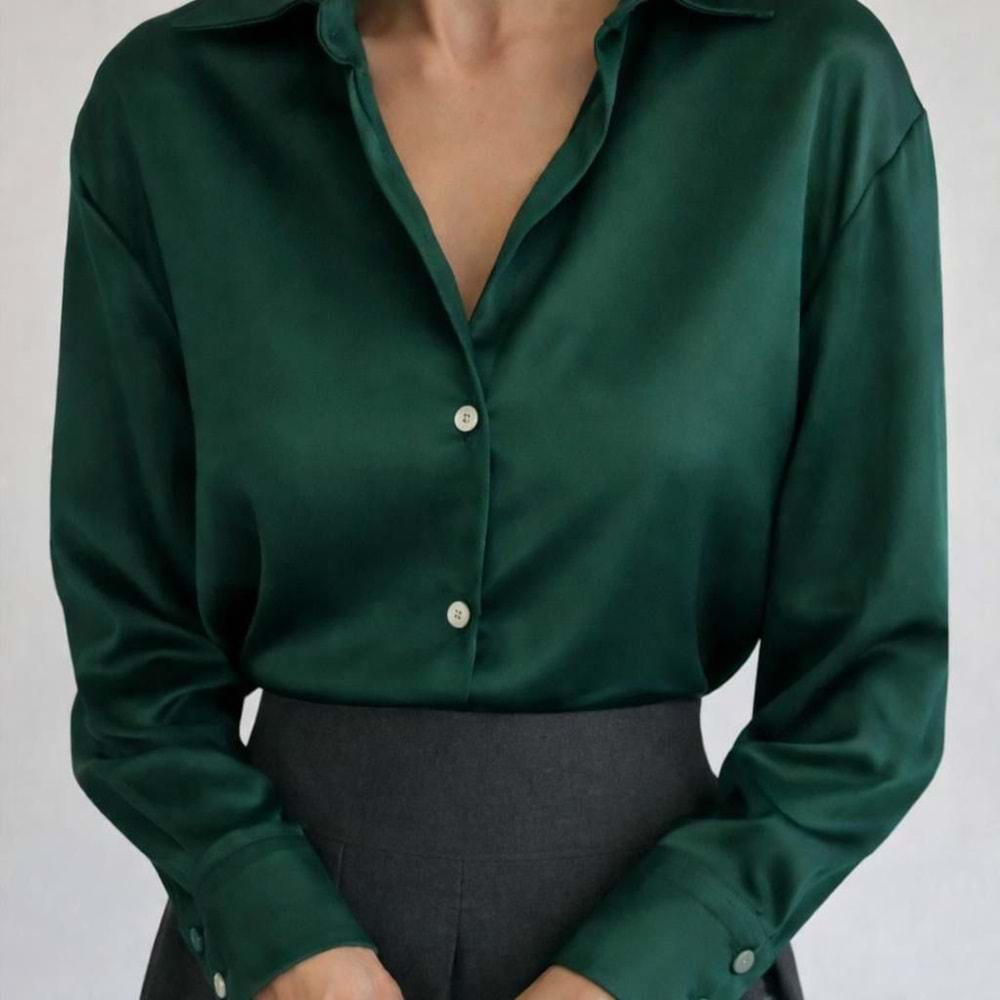 Yeşil Renk Saten Gömlek - YEŞİL - L - ST00594-YEŞİL-L