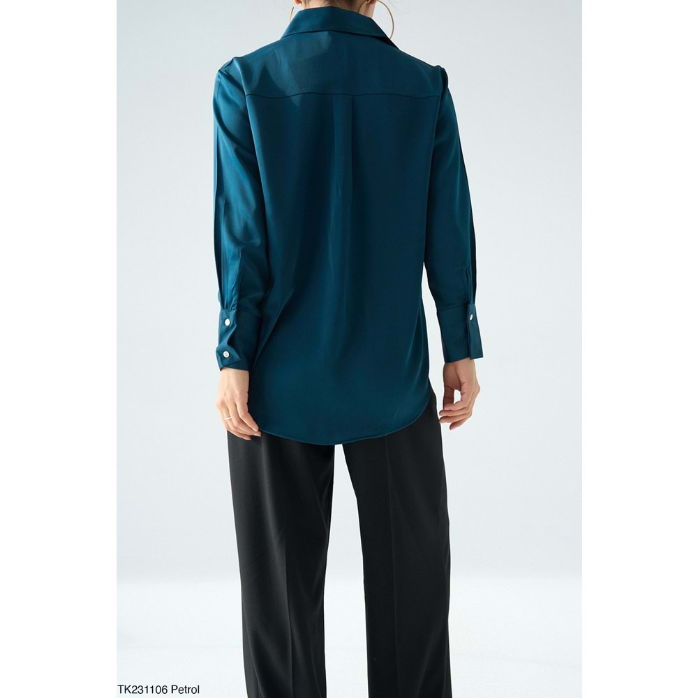 Yeni Sezon Pamuk Saten Gömlek - Petrol Mavi - MAVİ - M