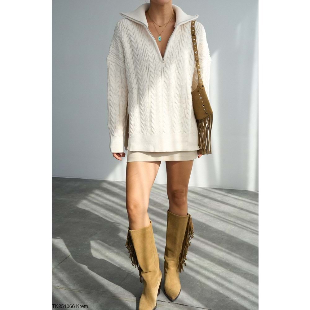 Saç Örgü Krem Renk Yaka Fermuar Kapamalı Kazak