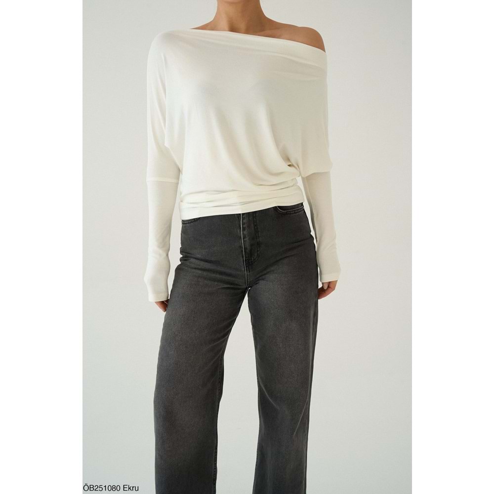 Düşük Omuz Viskon Bluz - BEYAZ - L - ST00635-BEYAZ-L