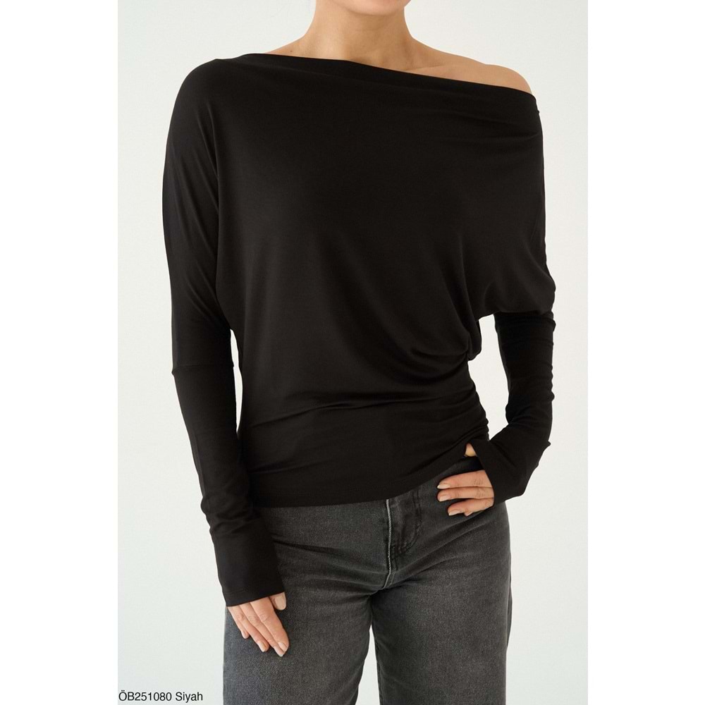 Düşük Omuz Viskon Bluz - SİYAH - L - ST00635-SİYAH-L